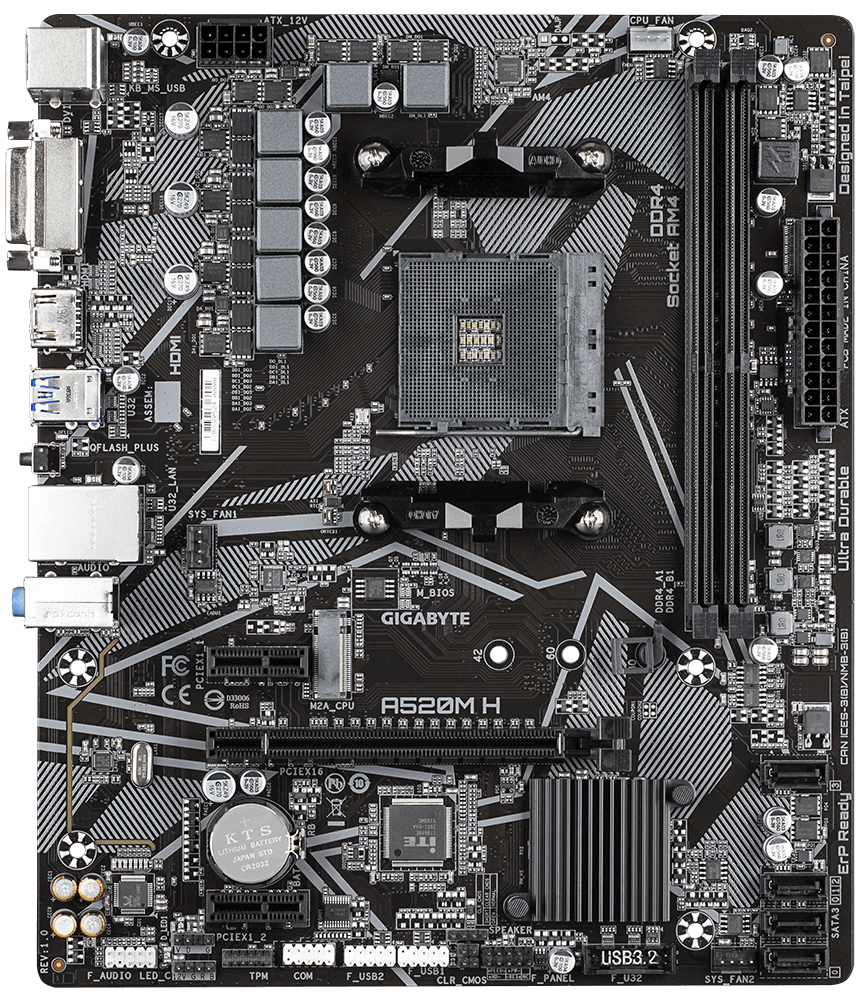 Дънна платка GIGABYTE A520M-H, Socket AM4, mATX, 2xDDR4, M.2 NVMe - GA-MB-A520M-H