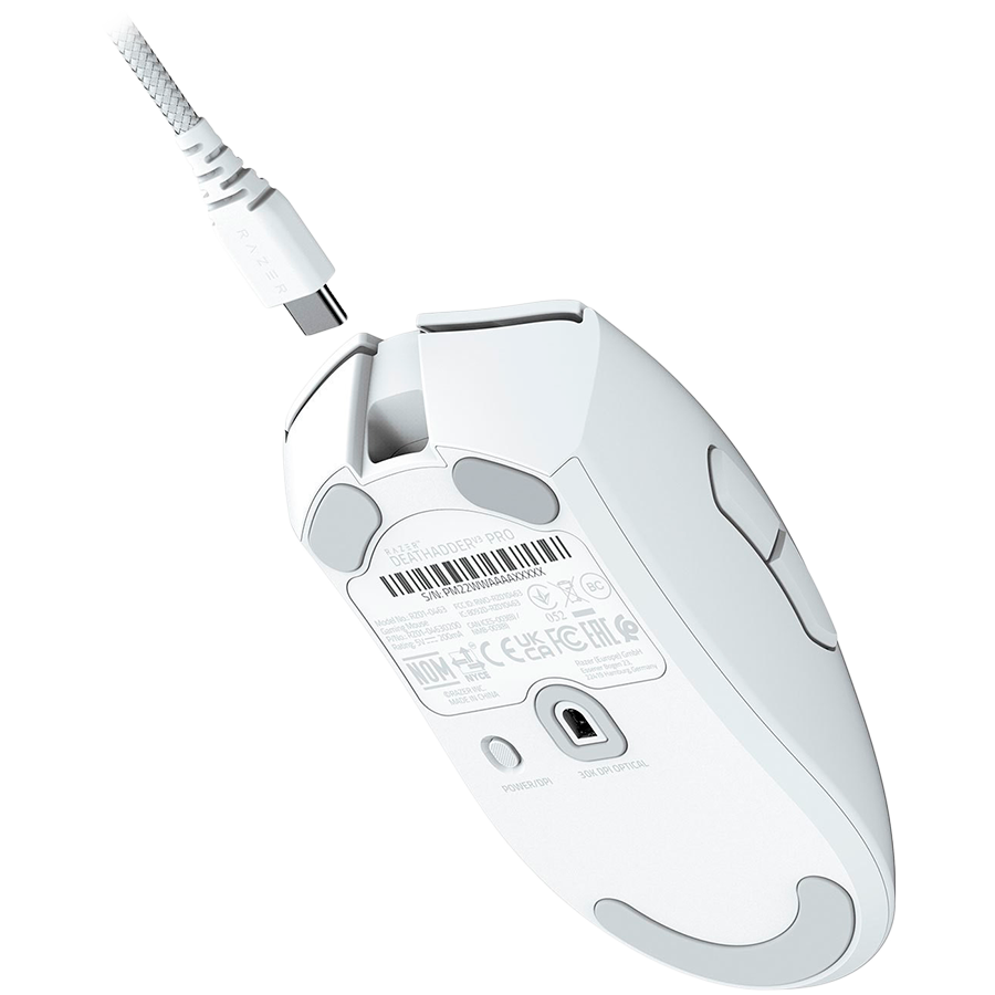Razer DeathAdder V3 Pro - White Edition, Ergonomic Wireless Gaming Mouse, Speedflex Charging Cable USB Type C - RZ01-04630200-R3G1
