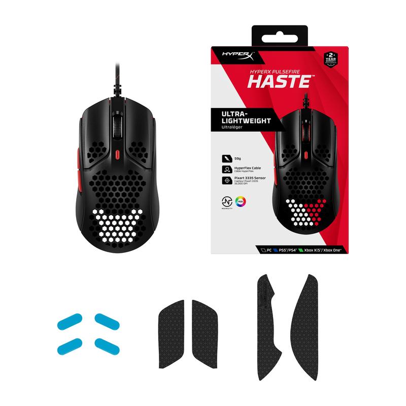 Геймърска мишка HyperX Pulsefire Haste, RGB, USB 2.0, Черен/Червен - HX-MOUSE-PFH-BR