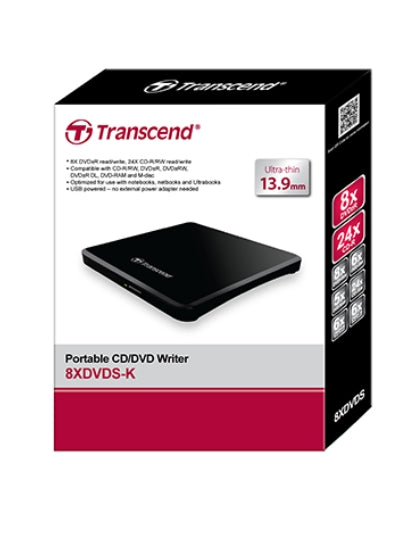 Оптично устройство Transcend 8X DVD, Slim Type, USB (Black), 13.9mm Thickness