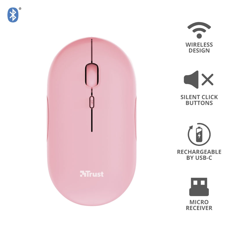 Мишка, TRUST Puck Wireless & BT Rechargeable Mouse Pink